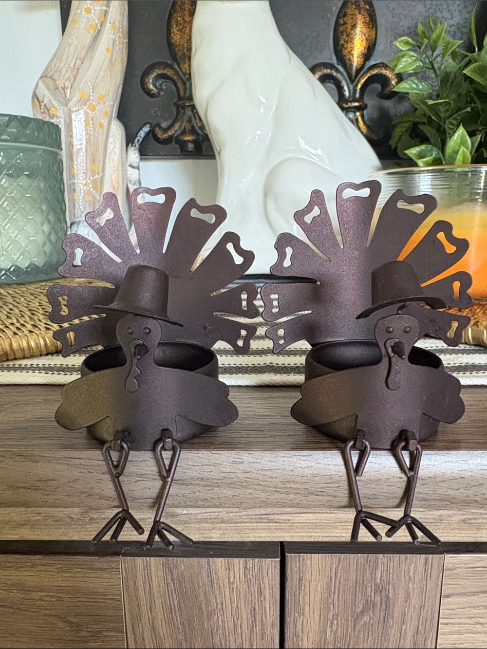 NWOT Yankee Candle Co Metal Pilgrim Turkey Tea Light Holders, Set Of 2